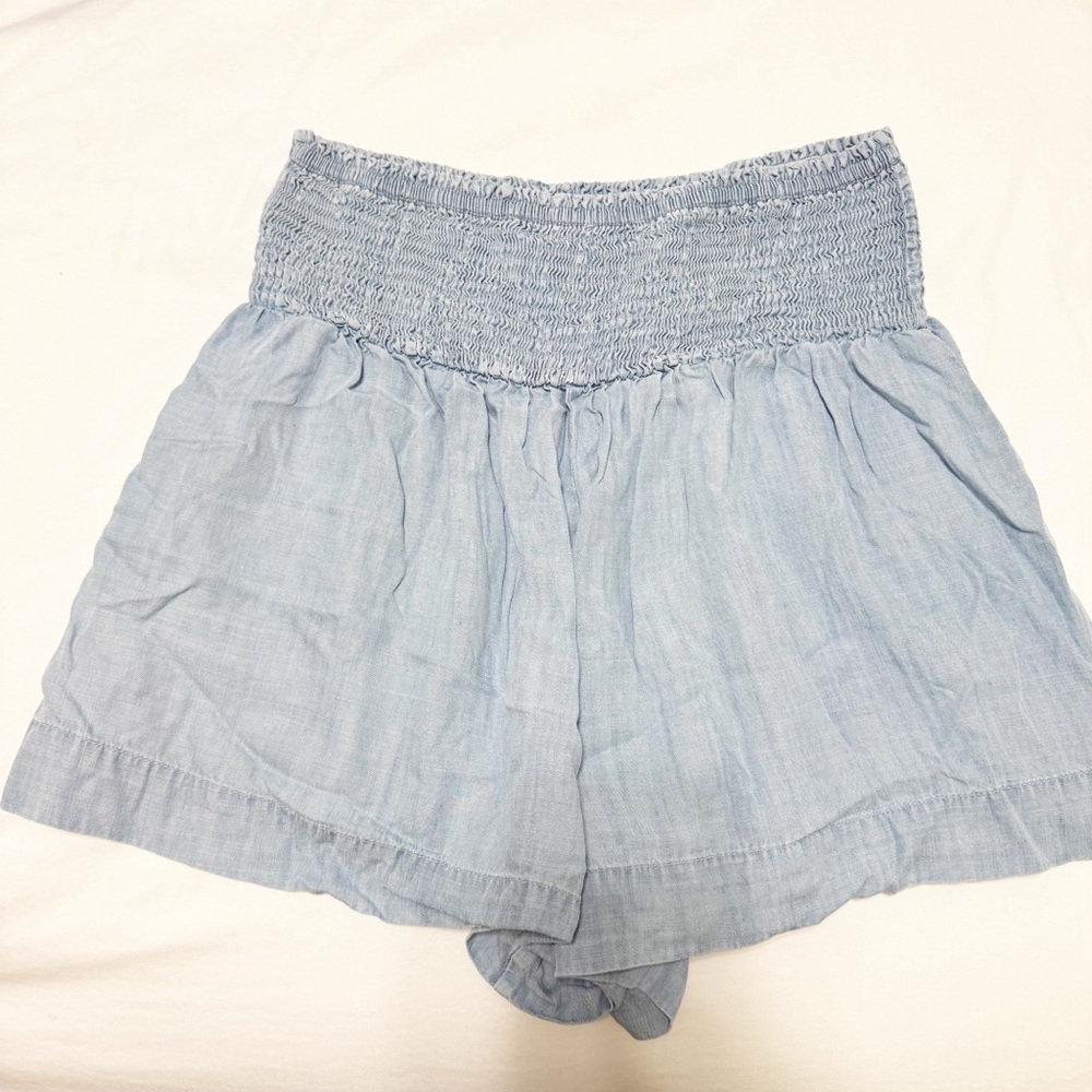 TCEC High Waist Smocked Shorts Denim Light Blue